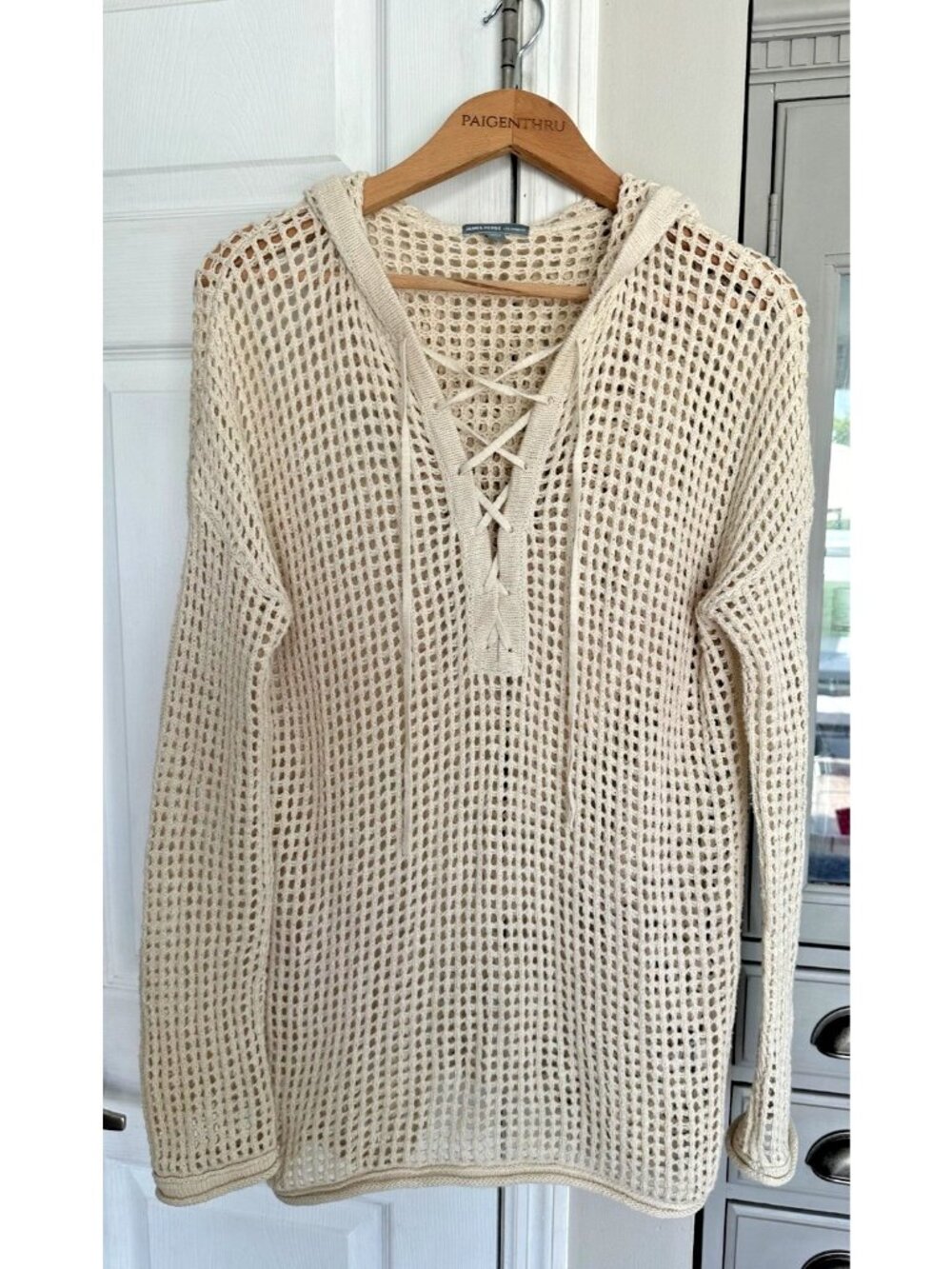 James Perse Sz 3/L Cream Open Knit Lace V-Neck Linen Blend Long Sleeve Top